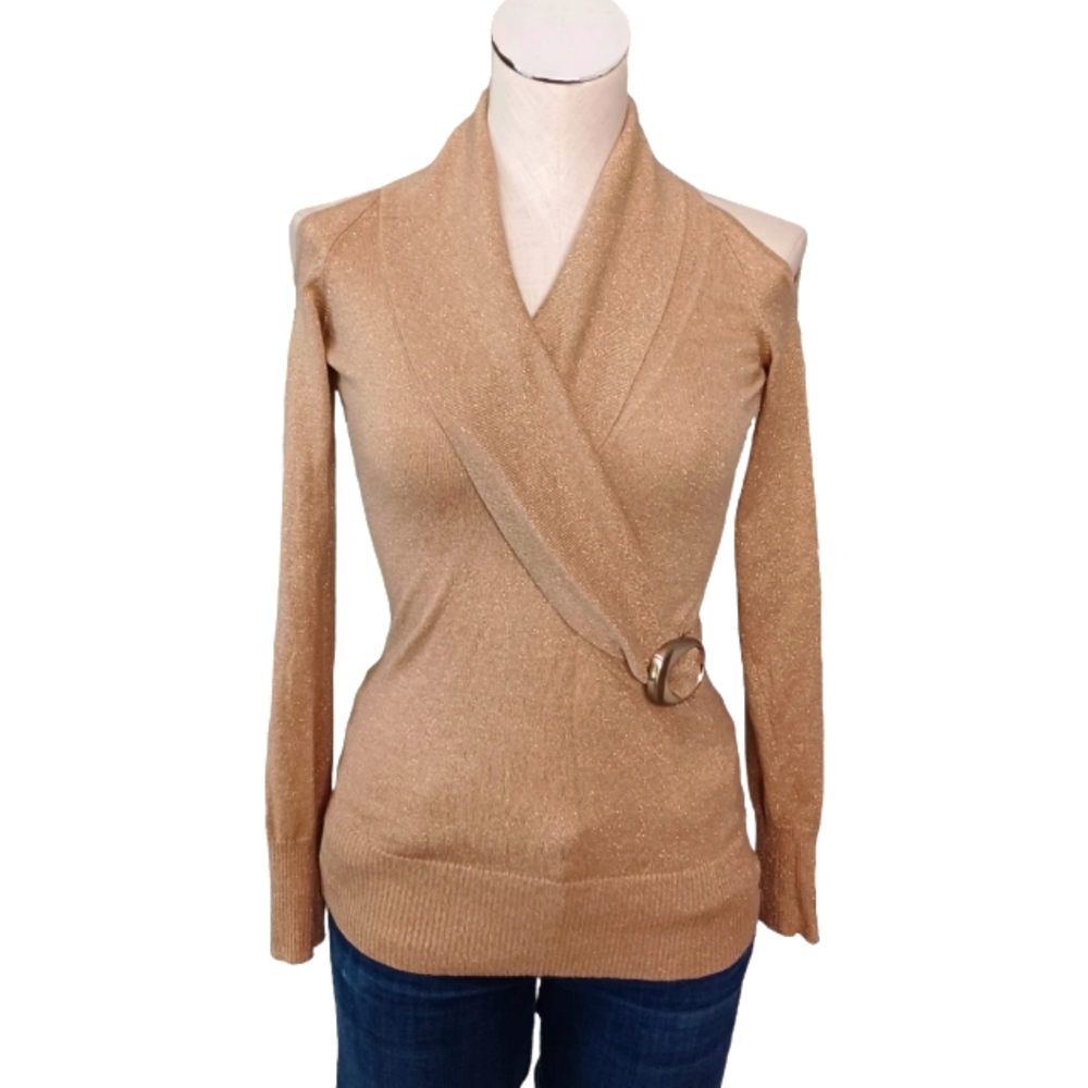 CACHE • Small gold top sweater shimmer cold shoulder slimming metallic sexy